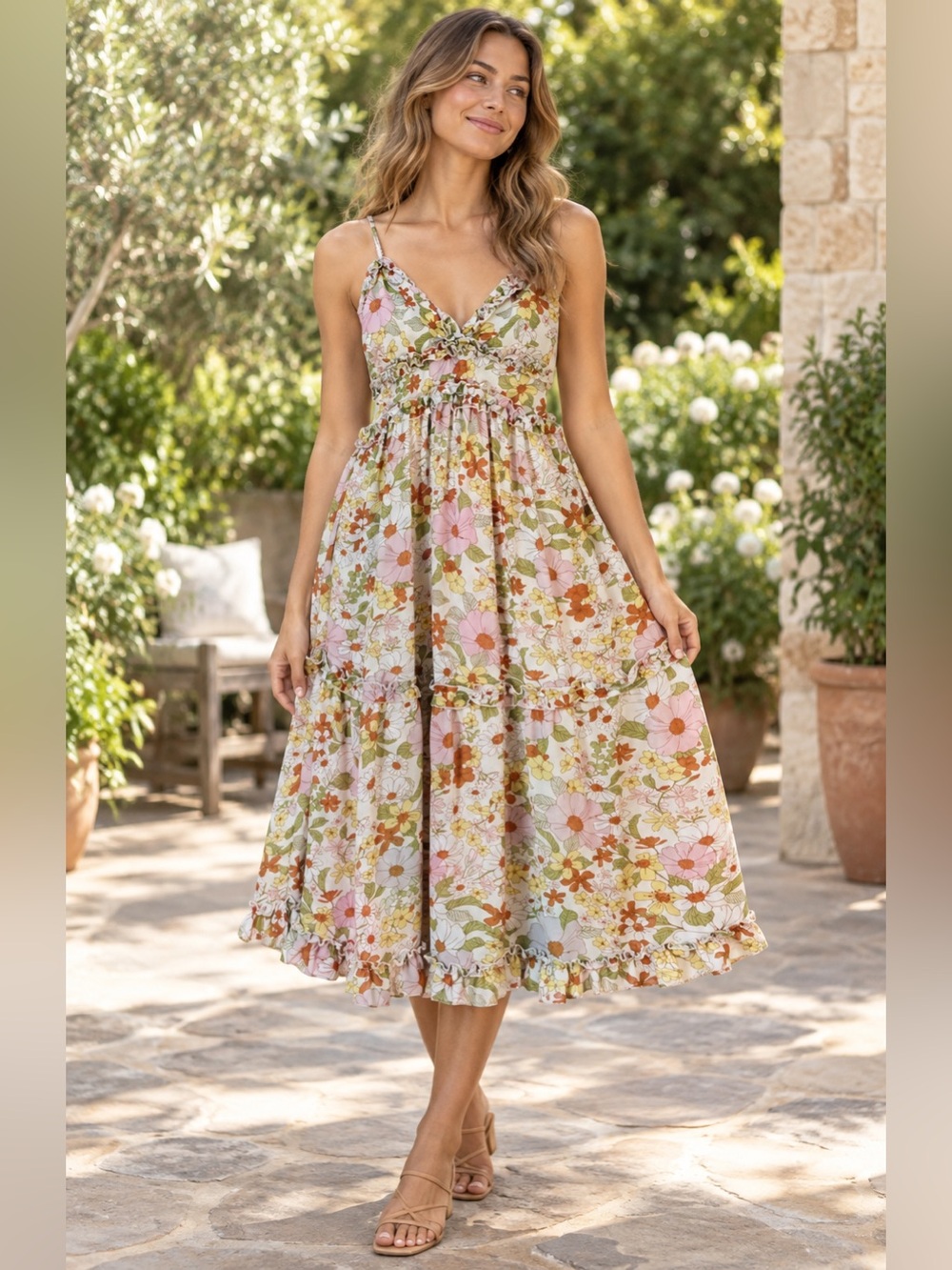 HYFVE Floral Midi Prairie Dress With Empire Waist And Ruffled V-Neckline Side S